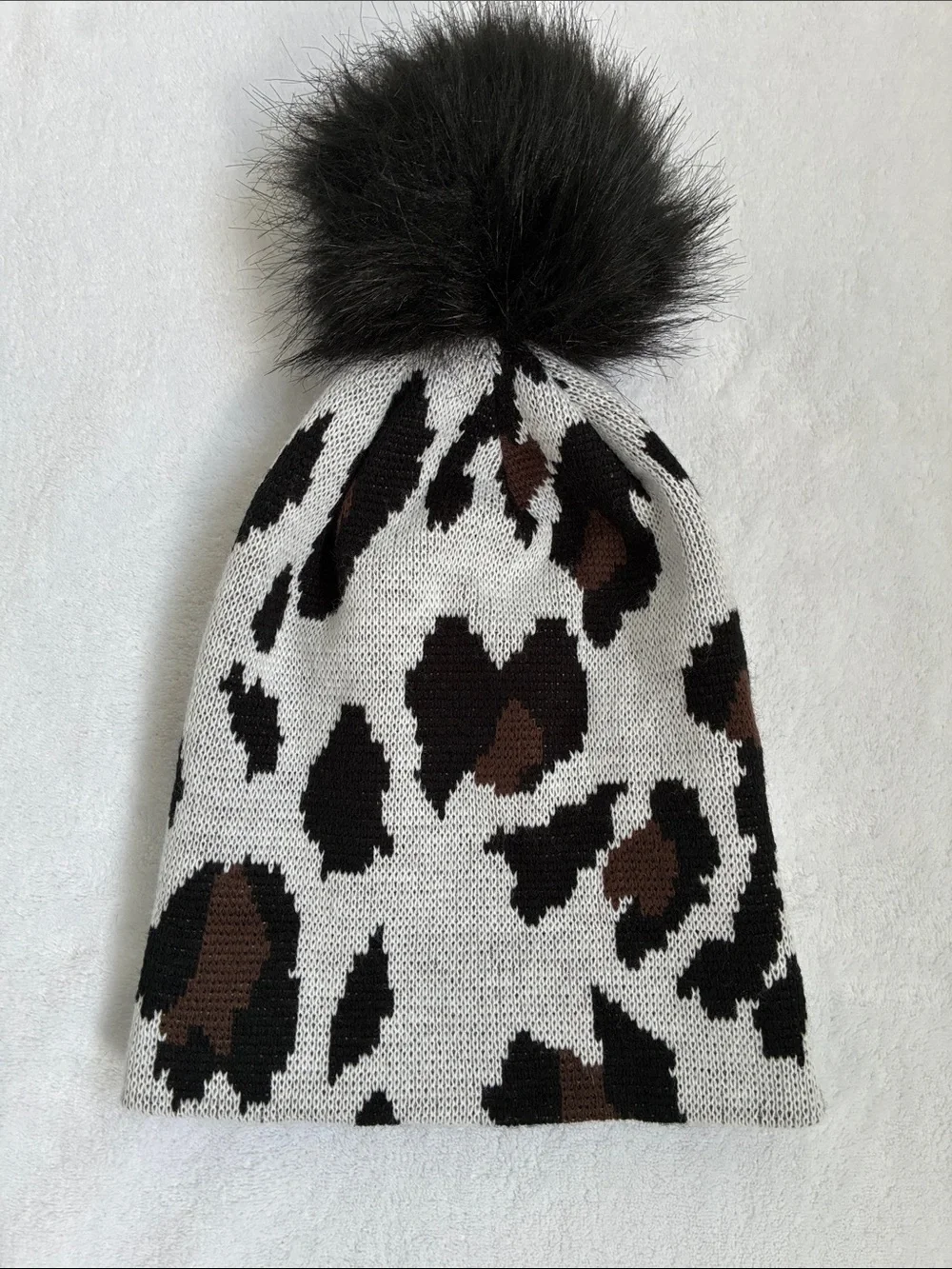Panache Leopard Pattern Pom Pom Winter Hat in Black/Brown/White, NWOT